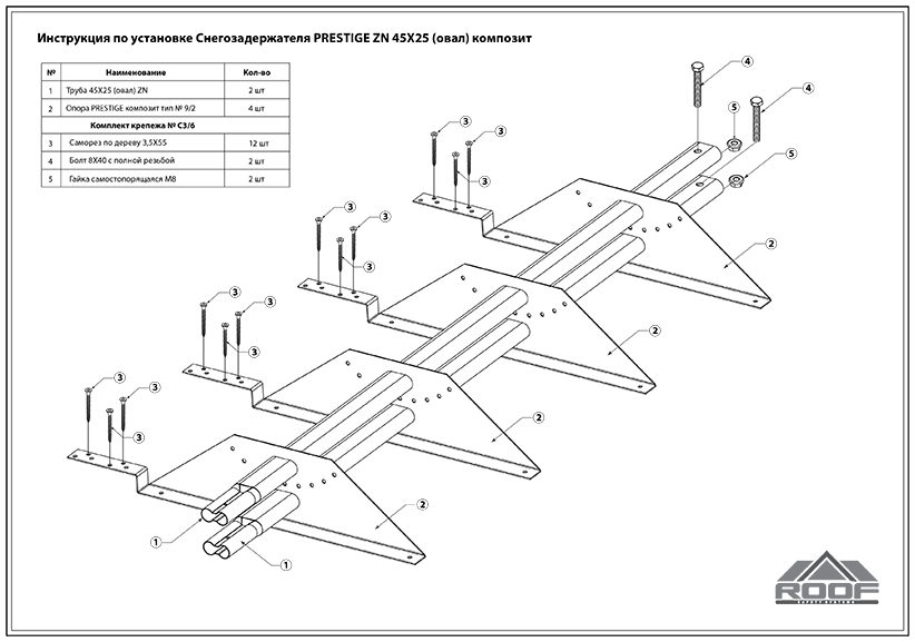 Схема монтажа снегозадержатель трубчатый композит RAL7004